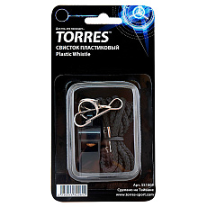 Свисток пласт. с шариком TORRES, SS1009, шнурок с карабином в комплекте, черный