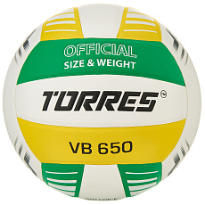 Мяч вол. TORRES VB 650, V32425, р.5, синт.кожа полиуретан, клееный, бут.кам, бел-зелено-желт