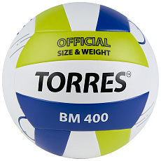 Мяч вол. TORRES BM400, V42315, р.5, синт. кожа (ТПУ), клееный, бут.кам., бело-сине-зелен