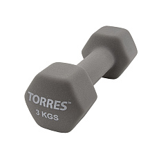 Гантель TORRES 3 кг, PL55013, металл в неопреновой оболочке, форма шестигранник, серый