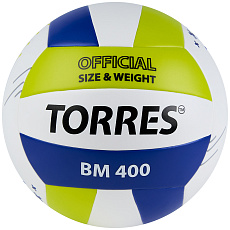 Мяч вол. TORRES BM400, V42315, р.5, синт. кожа (ТПУ), клееный, бут.кам., бело-сине-зелен